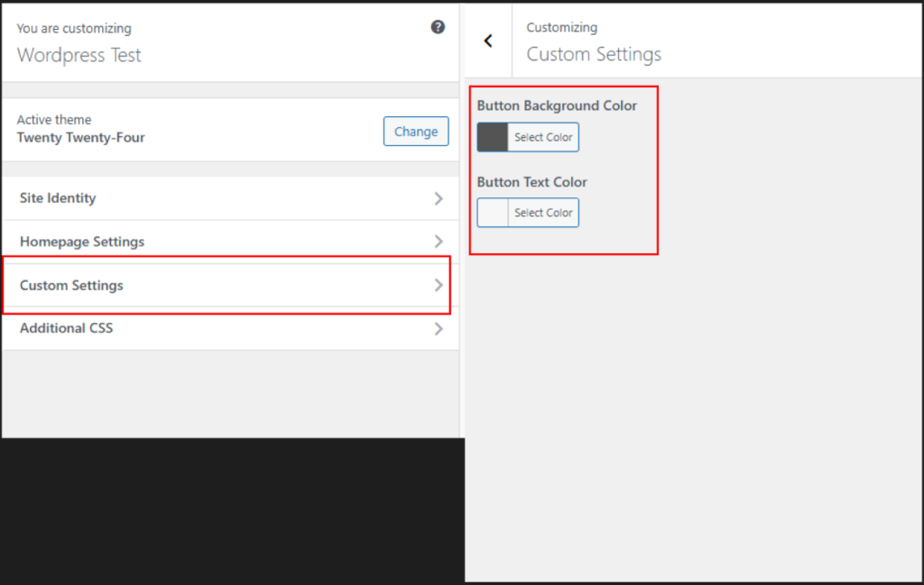 Custom Customizer Control showing Section and Controls.